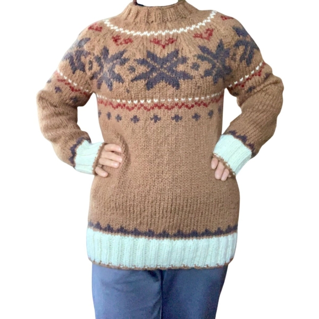 Pull nordique caramel-brun-rouge-écru taille L
