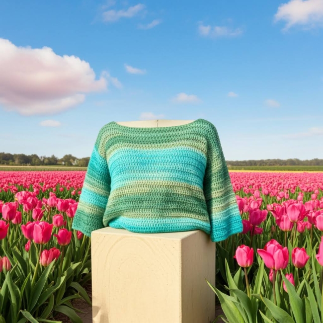 Pull crochet merinos vert olive-turquoise dégradé taille S