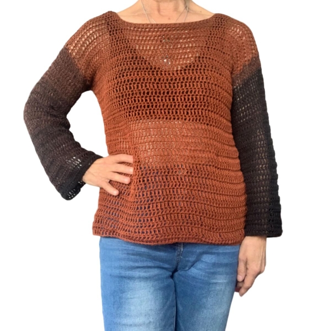 Pull crochet coton brun cognac-noir taille M