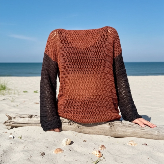 Pull crochet coton brun cognac-noir taille M