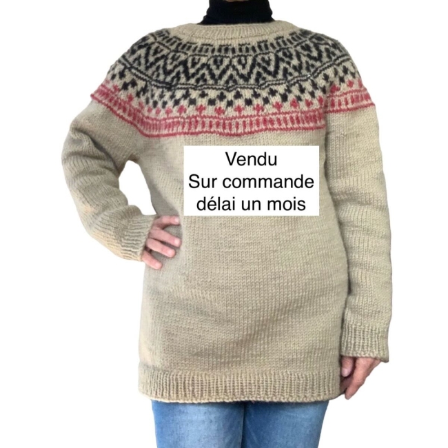 Pull nordique beige-noir-rouge taille L
