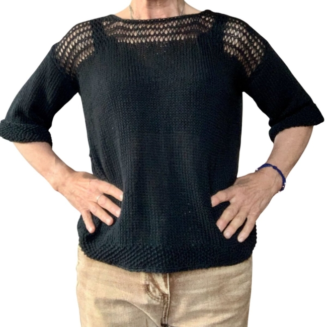 Pull noir ajouré coton fait main taille M