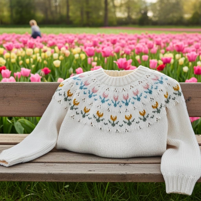 Pull nordique écru tulipes  